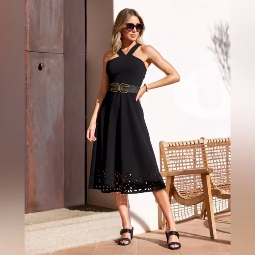 Boston Proper Black Beyond Travel High Neck Laser Cut Midi Dress